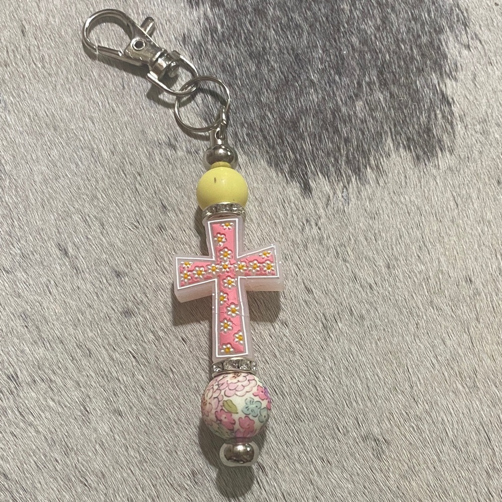 Pink Floral Cross Keychain with Yellow and Floral Beads